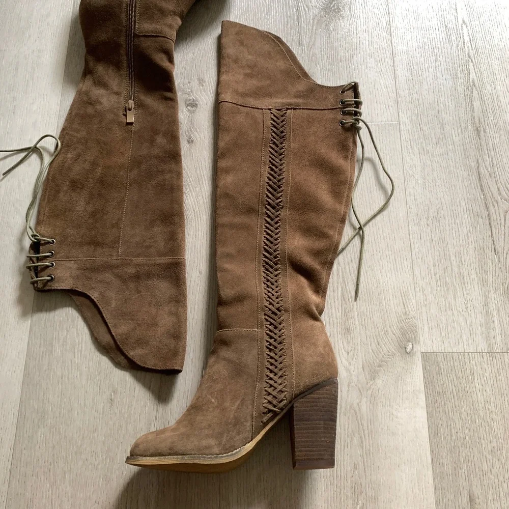 Sbicca Vintage Collection Tan Suede Over The Knee Braided Lace Up Boots Womens 7